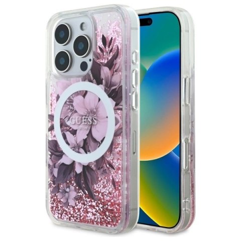 Etui Guess Liquid Glitter Flower MagSafe na iPhone 16 Pro - różowe