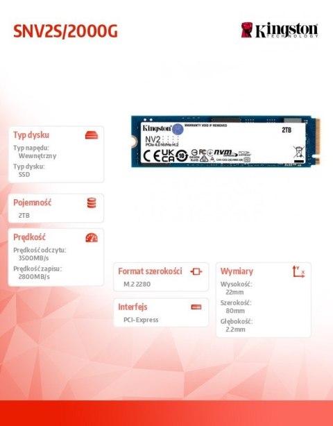 Dysk SSD NV2 2000GB M.2 2280 PCI-e 4.0 NVMe 3500/2800 Dysk SSD NV2 2000GB M.2 2280 PCI-e 4.0 NVMe 3500/2800