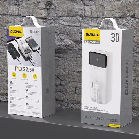 Powerbank Dudao K15MAX 30000mAh PD 22.5W z wbudowanymi kablami - biały Powerbank Dudao K15MAX 30000mAh PD 22.5W z wbudowanymi kablami - biały
