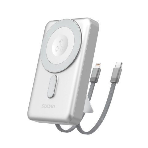 Powerbank Dudao K29 10000mAh PD 20W z MagSafe z metalową obudową, podstawką i wbudowanymi kablami USB-C/Lightning - srebrny Powerbank Dudao K29 10000mAh PD 20W z MagSafe z metalową obudową, podstawką i wbudowanymi kablami USB-C/Lightning - srebrny