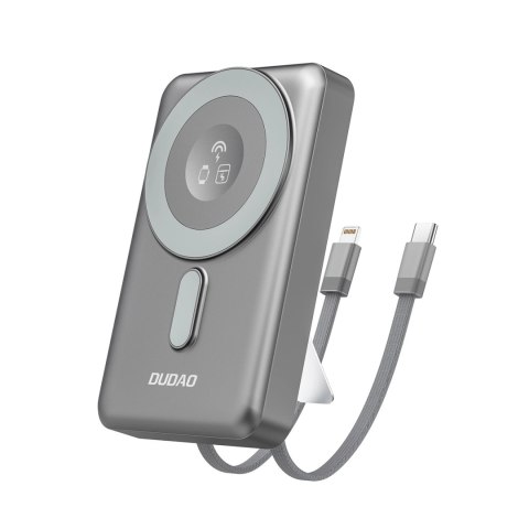Powerbank Dudao K29 10000mAh PD 20W z MagSafe z metalową obudową, podstawką i wbudowanymi kablami USB-C/Lightning - szary Powerbank Dudao K29 10000mAh PD 20W z MagSafe z metalową obudową, podstawką i wbudowanymi kablami USB-C/Lightning - szary