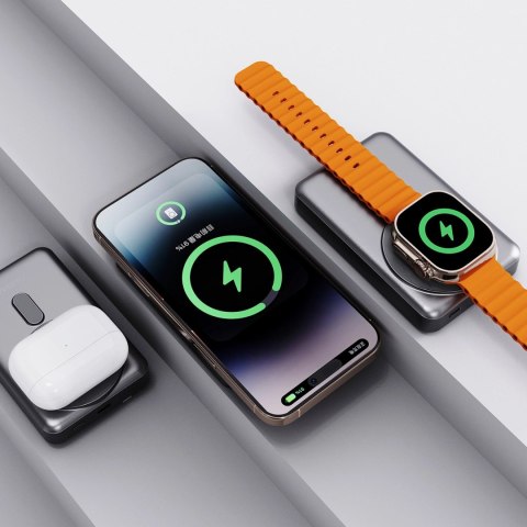 Powerbank Dudao K29 10000mAh PD 20W z MagSafe z metalową obudową, podstawką i wbudowanymi kablami USB-C/Lightning - szary Powerbank Dudao K29 10000mAh PD 20W z MagSafe z metalową obudową, podstawką i wbudowanymi kablami USB-C/Lightning - szary