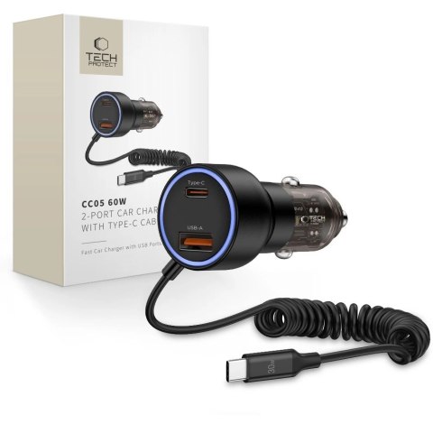 Ładowarka samochodowa CC05 2-porty PD60 W + kabel USB-C - czarna Ładowarka samochodowa CC05 2-porty PD60 W + kabel USB-C - czarna