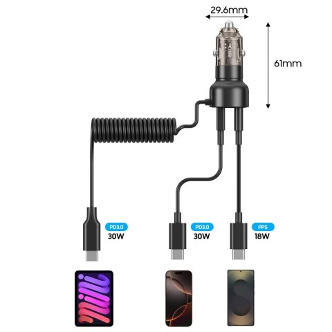Ładowarka samochodowa CC05 2-porty PD60 W + kabel USB-C - czarna Ładowarka samochodowa CC05 2-porty PD60 W + kabel USB-C - czarna