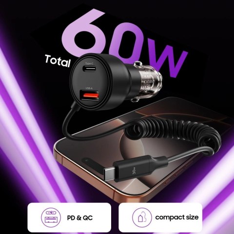 Ładowarka samochodowa CC05 2-porty PD60 W + kabel USB-C - czarna Ładowarka samochodowa CC05 2-porty PD60 W + kabel USB-C - czarna