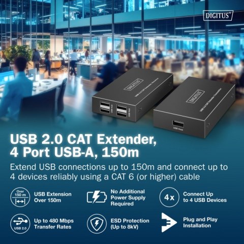 Przedłużacz (extender) po skrętce kat.6 USB 2.0 do 150m, 4x USB-A do 480 Mbps, 1x RJ45 (Gigabit Ethernet) - zestaw (odbiornik/na Przedłużacz (extender) po skrętce kat.6 USB 2.0 do 150m, 4x USB-A do 480 Mbps, 1x RJ45 (Gigabit Ethernet) - zestaw (odbiornik/na