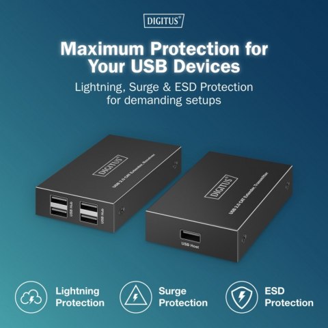 Przedłużacz (extender) po skrętce kat.6 USB 2.0 do 150m, 4x USB-A do 480 Mbps, 1x RJ45 (Gigabit Ethernet) - zestaw (odbiornik/na Przedłużacz (extender) po skrętce kat.6 USB 2.0 do 150m, 4x USB-A do 480 Mbps, 1x RJ45 (Gigabit Ethernet) - zestaw (odbiornik/na