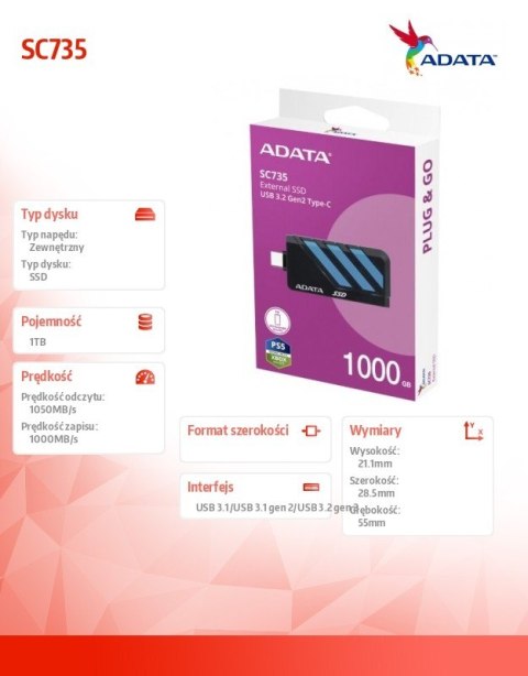Dysk SSD External SC735 1TB U3.2C 1000/1000MB/s Blue Dysk SSD External SC735 1TB U3.2C 1000/1000MB/s Blue