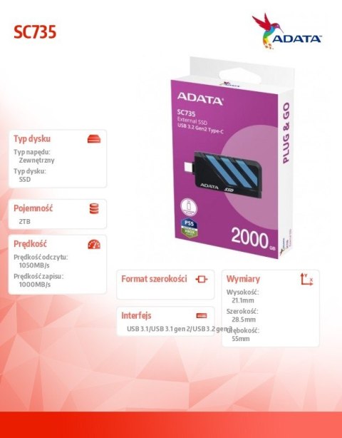 Dysk SSD External SC735 2TB U3.2C 1000/1000MB/s Blue Dysk SSD External SC735 2TB U3.2C 1000/1000MB/s Blue