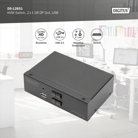 Przełącznik KVM, 2 portowy, 4K 60Hz, 2xDisplayPort IN, 1xDisplayPort OUT, 2xUSB, 2xAudio IN&OUT Przełącznik KVM, 2 portowy, 4K 60Hz, 2xDisplayPort IN, 1xDisplayPort OUT, 2xUSB, 2xAudio IN&OUT