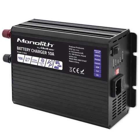 Qoltec Inteligentna ładowarka Monolith do akumulatorów LiFePO4 AGM GEL SLA | 10A | 24V Qoltec Inteligentna ładowarka Monolith do akumulatorów LiFePO4 AGM GEL SLA | 10A | 24V