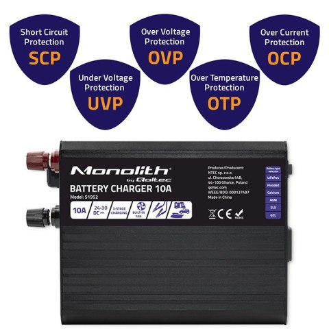 Qoltec Inteligentna ładowarka Monolith do akumulatorów LiFePO4 AGM GEL SLA | 10A | 24V Qoltec Inteligentna ładowarka Monolith do akumulatorów LiFePO4 AGM GEL SLA | 10A | 24V