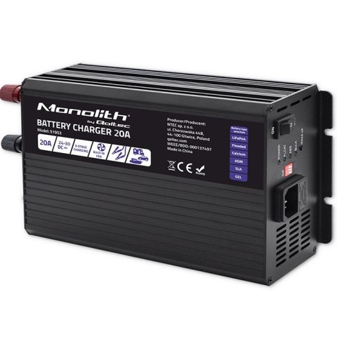 Qoltec Inteligentna ładowarka Monolith do akumulatorów LiFePO4 AGM GEL SLA | 20A | 24V Qoltec Inteligentna ładowarka Monolith do akumulatorów LiFePO4 AGM GEL SLA | 20A | 24V