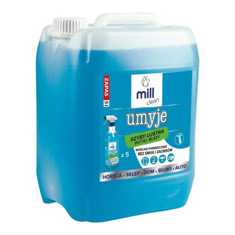 MILL CLEAN UMYJE 5 litrów. Płyn do mycia szyb, luster, glazury, płytek, blatów. Wszelkie powierzchnie bez smug i zacieków. Duży MILL CLEAN UMYJE 5 litrów. Płyn do mycia szyb, luster, glazury, płytek, blatów. Wszelkie powierzchnie bez smug i zacieków. Duży