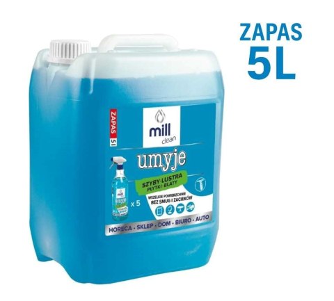 MILL CLEAN UMYJE 5 litrów. Płyn do mycia szyb, luster, glazury, płytek, blatów. Wszelkie powierzchnie bez smug i zacieków. Duży MILL CLEAN UMYJE 5 litrów. Płyn do mycia szyb, luster, glazury, płytek, blatów. Wszelkie powierzchnie bez smug i zacieków. Duży