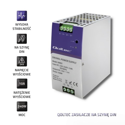 QOLTEC ZASILACZ NA SZYNĘ DIN PRZEMYSŁOWY | 240W | 24V | 10A QOLTEC ZASILACZ NA SZYNĘ DIN PRZEMYSŁOWY | 240W | 24V | 10A