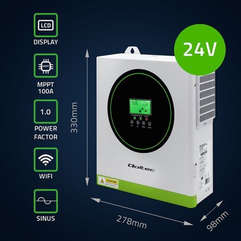 Qoltec Hybrydowy inwerter solarny Off-Grid 3500kW | 100A | 24V | MPPT | Sinus | opcja Wi-Fi | Power Factor 1.0 Qoltec Hybrydowy inwerter solarny Off-Grid 3500kW | 100A | 24V | MPPT | Sinus | opcja Wi-Fi | Power Factor 1.0