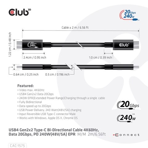 CLUB3D CAC-1575 kabel USB USB4 Gen 2x2 2 m USB C Czarny CLUB3D CAC-1575 kabel USB USB4 Gen 2x2 2 m USB C Czarny