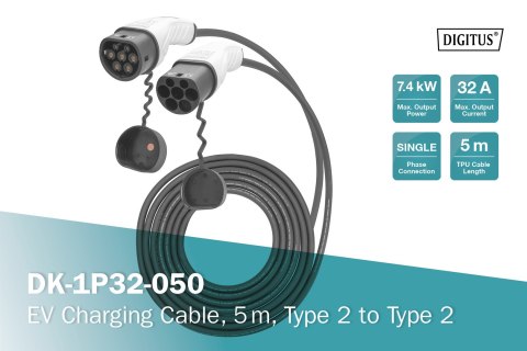 Digitus Kabel do ładowania pojazdów elektrycznych EV, Typ2-Typ2, jednofazowy 230V, 32A, 7.4kW, 5m Digitus Kabel do ładowania pojazdów elektrycznych EV, Typ2-Typ2, jednofazowy 230V, 32A, 7.4kW, 5m