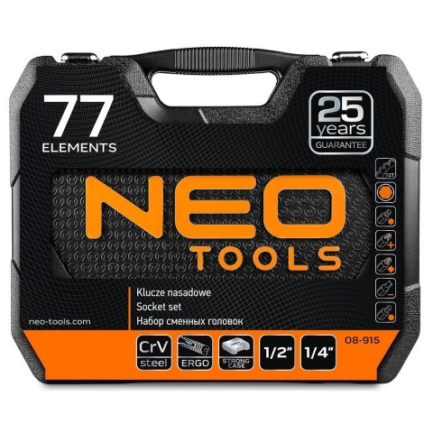 Neo Klucze nasadowe 1/4" 1/2" zestaw 77szt CrV 08-915 Neo Klucze nasadowe 1/4" 1/2" zestaw 77szt CrV 08-915