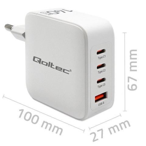 Qoltec Ładowarka sieciowa 140W GaN | 5-20V | 2.5-5A | 3 x USB-C PD | 1 x USB QC 3.0 | Biała Qoltec Ładowarka sieciowa 140W GaN | 5-20V | 2.5-5A | 3 x USB-C PD | 1 x USB QC 3.0 | Biała